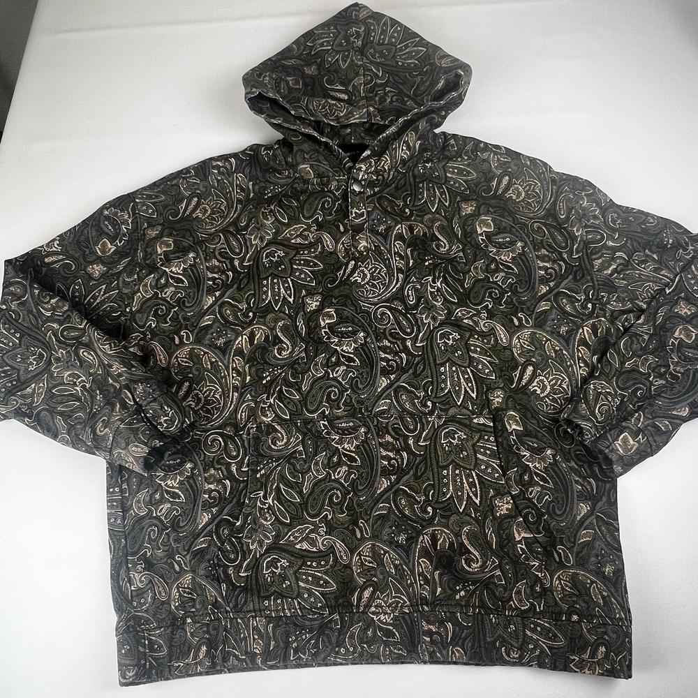 NWT Forever 21 Pullover Hoodie Mens Size XL Green Paisley Denim Canvas Henley